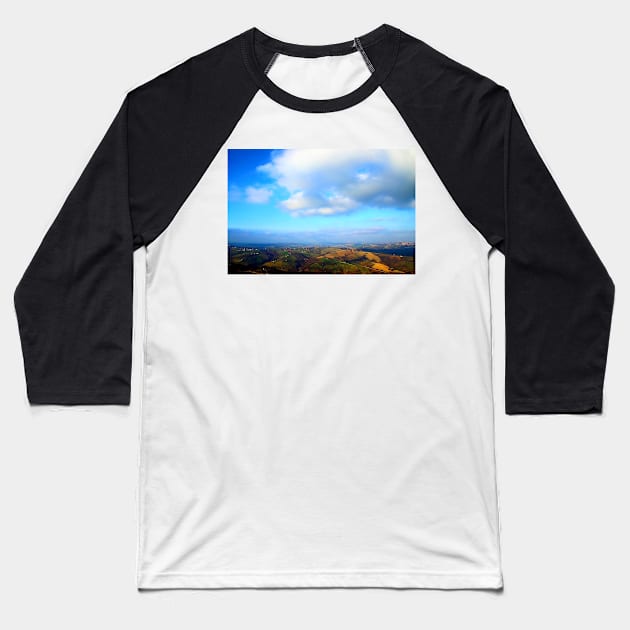 View from above on a hilly landscape under the blue sky with clouds Baseball T-Shirt by KristinaDrozd